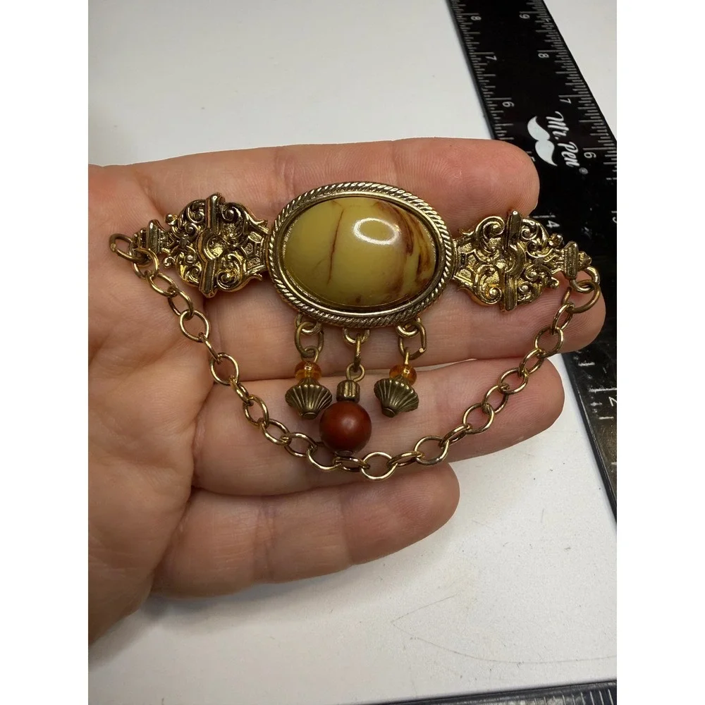 Vintage Gold Tone Faux Marble Cabochon Dangle Brooch with Chain Swag